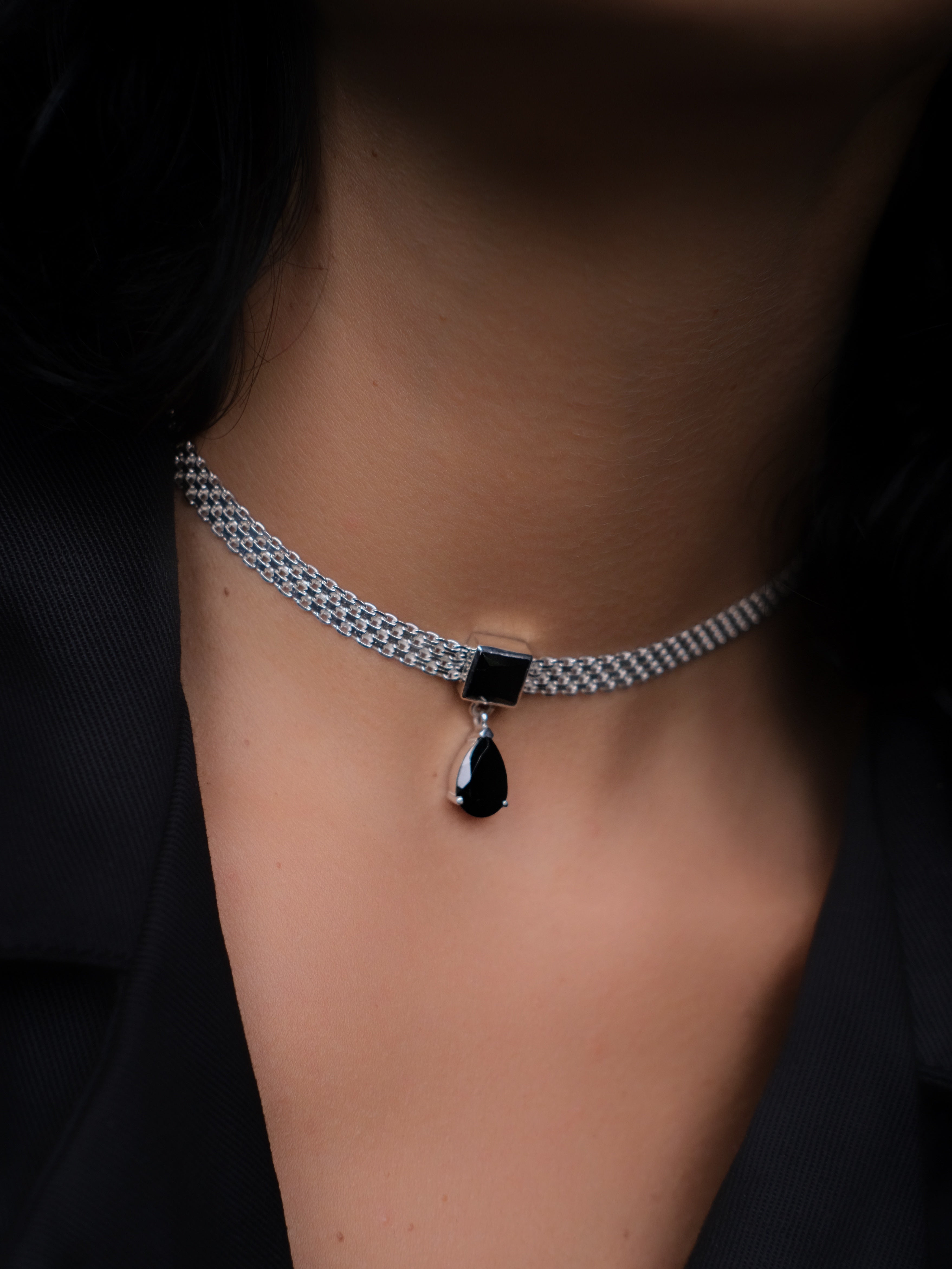FIRENA Black Spinel Silver Necklace